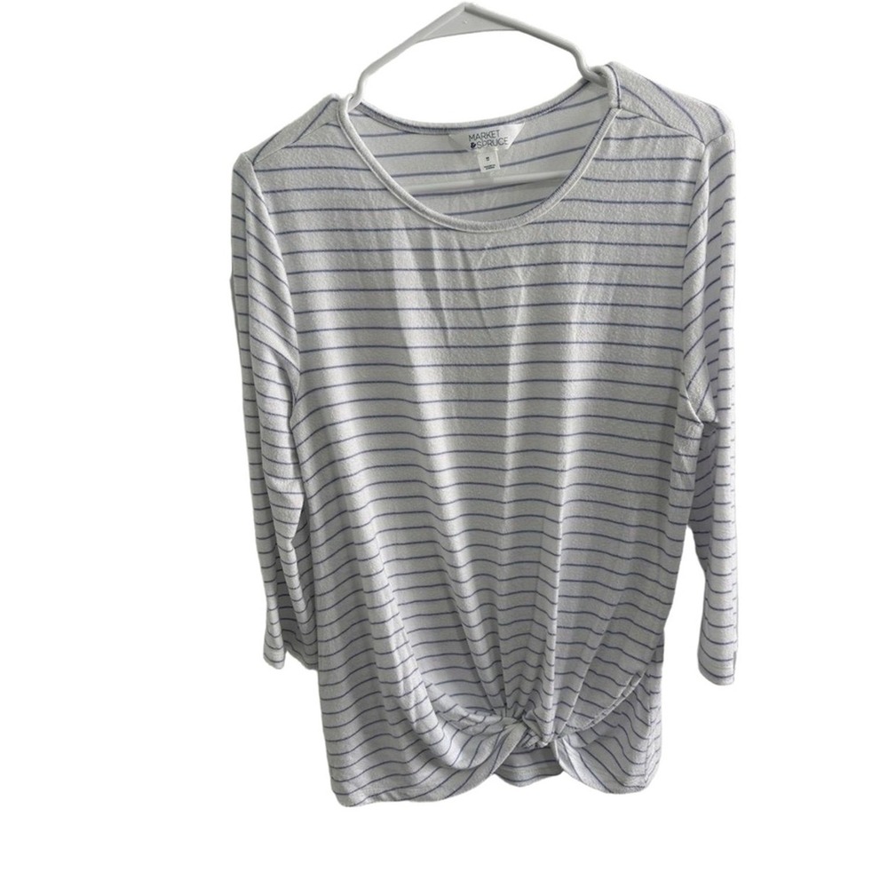 Market & Spruce Shirt Women's M Blue & White Striped Knot Front 3/4 Sleeve Top - Picture 2 of 6